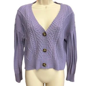 Women’s Cable Multi Knit Cardigan Size L Lavender Tortoise Shell Buttons NYC